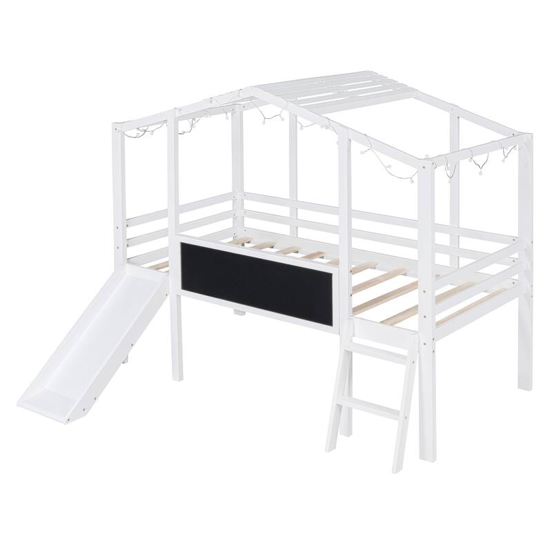 Twin Loft Bed with Slide, Ladder, Blackboard, and Light Strip, White and Gray