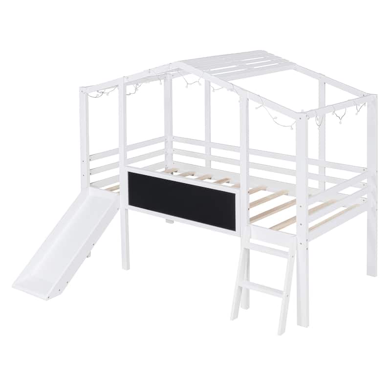 Twin Size Loft Bed with Ladder and Slide, House Bed with Blackboard and Light Strip on the Roof, White