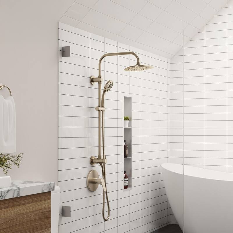 SeaBreeze II 8-in Rain Showerhead with Multi-function Handshower Adjustable Slide Bar and Mixing Valve Brushed Nickel 1.8 GPM
