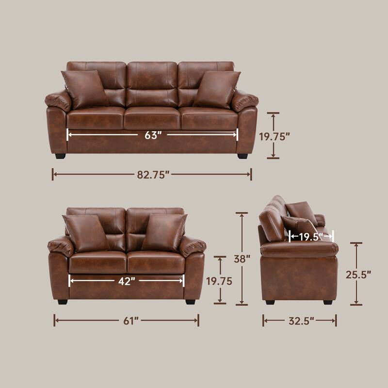 Upholstered Living Room Set, 4 Pieces - Faux Leather Chair, Loveseat, Sofa with Ottoman