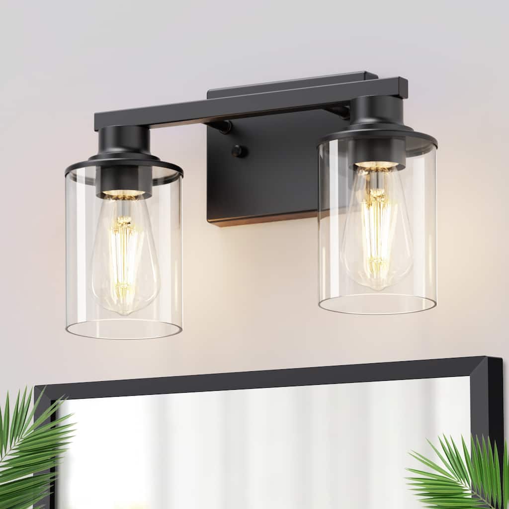 YANSUN 2-Light Bathroom Mirror Light,Matte Black Wall Sconce with Transparent Glass Shades - 14.6 * 10 * 7.5