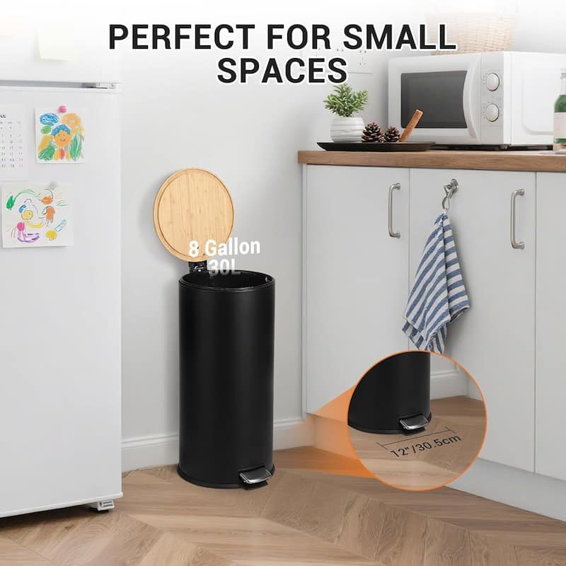 8 Gallon Step Trash Can with Natural Bamboo Lid, Removable Inner Bucket for Kitchen