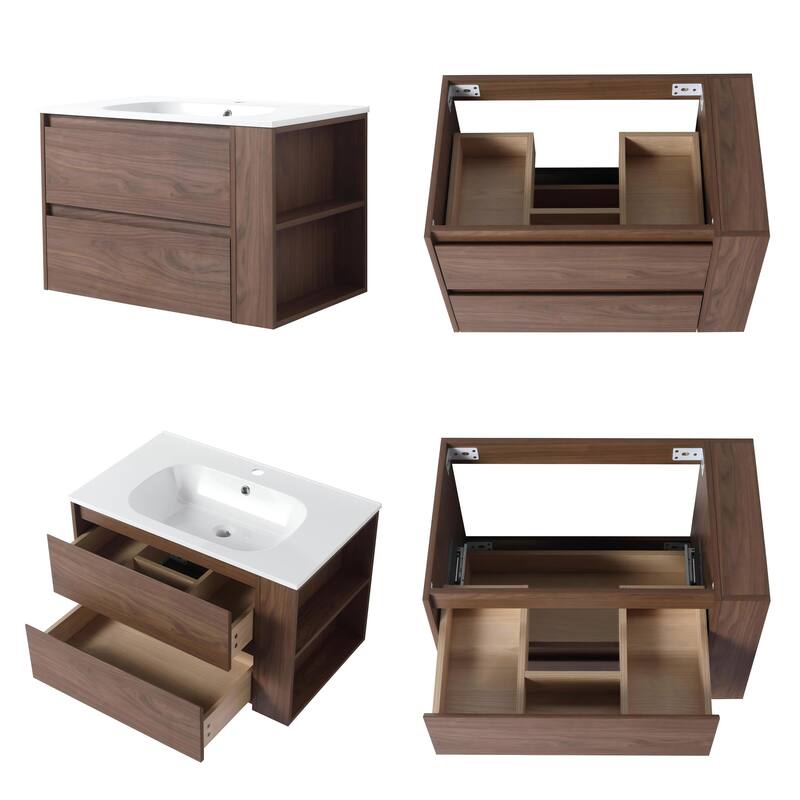 Modland 30" Wall-Mount Vanity with Gel Sink & Soft-Close Drawers - Adjustable Shelf, Brown/Imitative Oak - 30 Inch