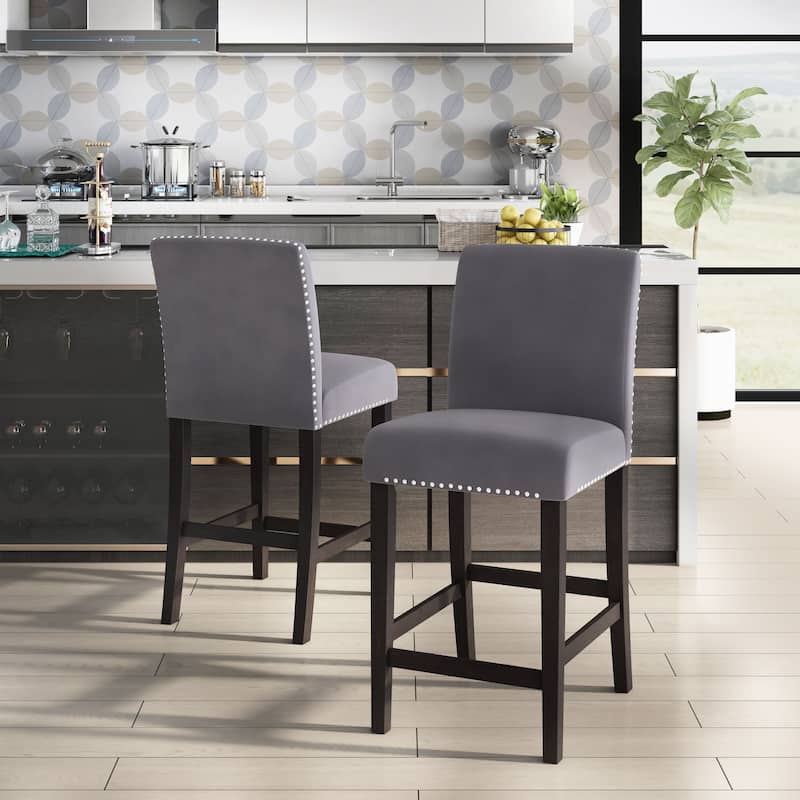 Zahara Glam Grey Velvet Padded Nailhead Counter Height Chairs by Furniture of America (Set of 2)