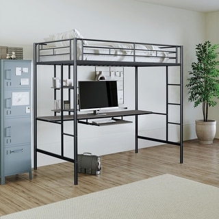 Furniture of America Landers Modern Black Twin Metal Loft Bed with Keyboard Tray and Attached Side Ladder