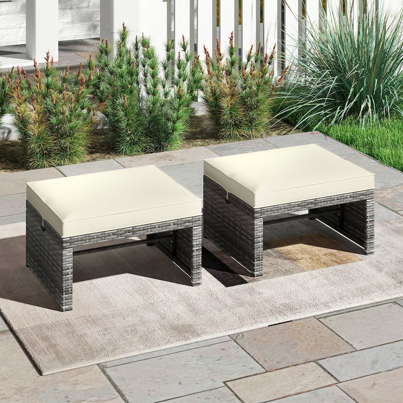 PE Rattan Outdoor Ottomans with Cushions, Footrest Seats or Tables - 16" L x 19" W x 9.5" H - White