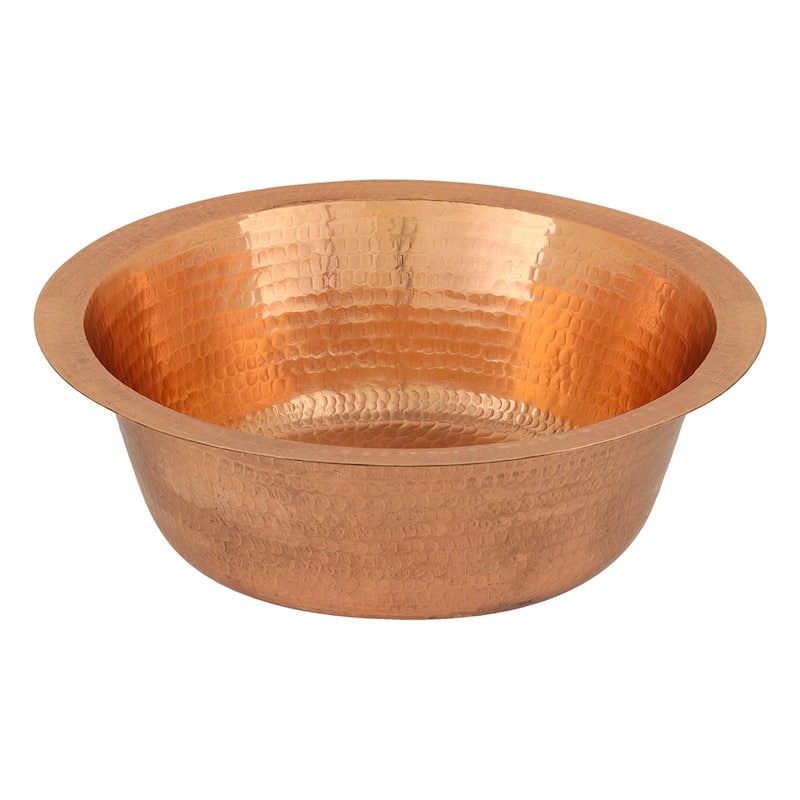 14" Round Hammered Copper Bar Sink with 2" Drain Opening in Polished Copper, Matching Drain and Accessories