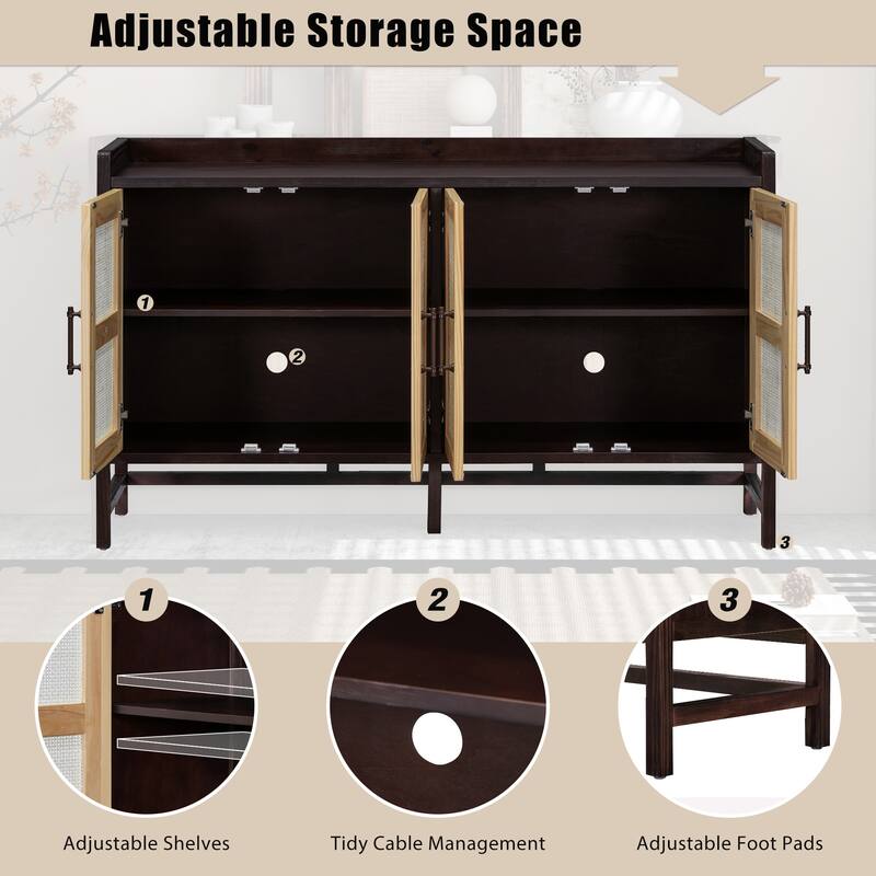 Natural Walnut Buffet Sideboard Storage Cabinet, Rattan Doors Accent Cabinet Console Table for Dining Room Living Room