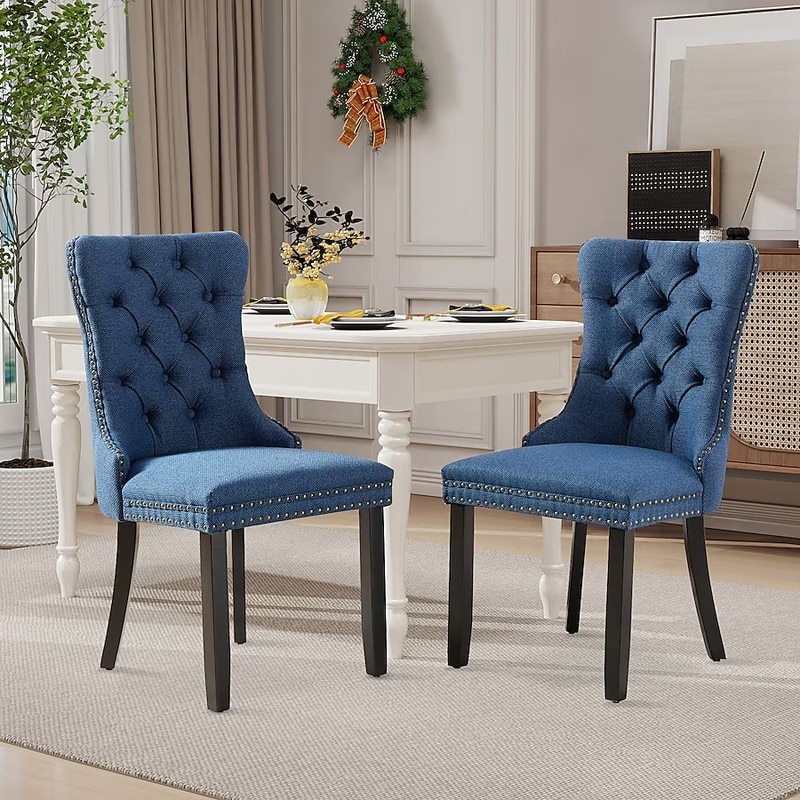 Upholstered Tufted Nailhead Linen Dining Chairs (Set of 2)