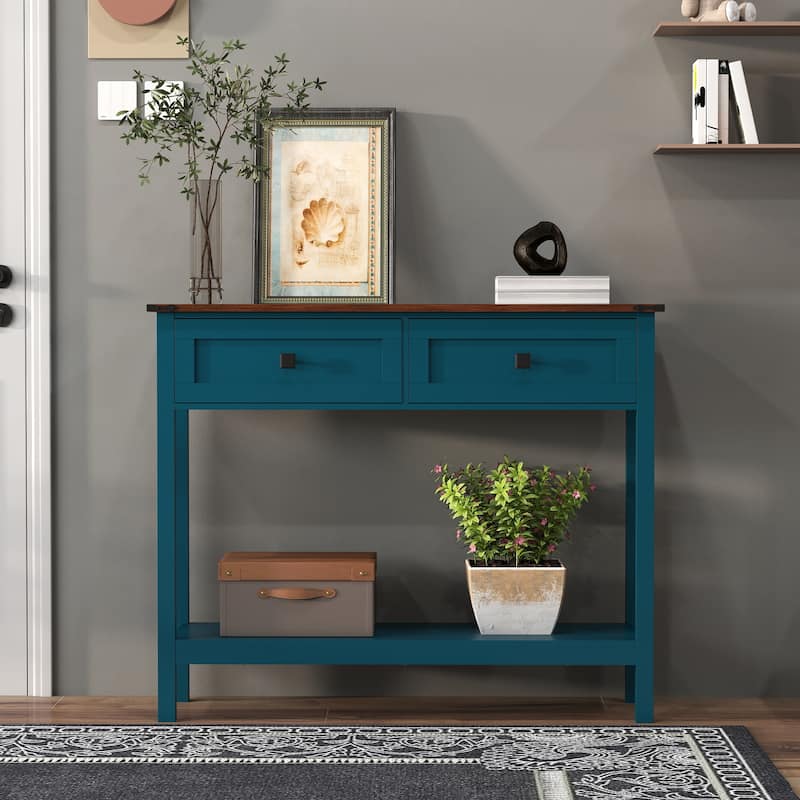 Homy Casa Farmhouse Console Table with 2 Drawers & Bottom Shelf - Blue
