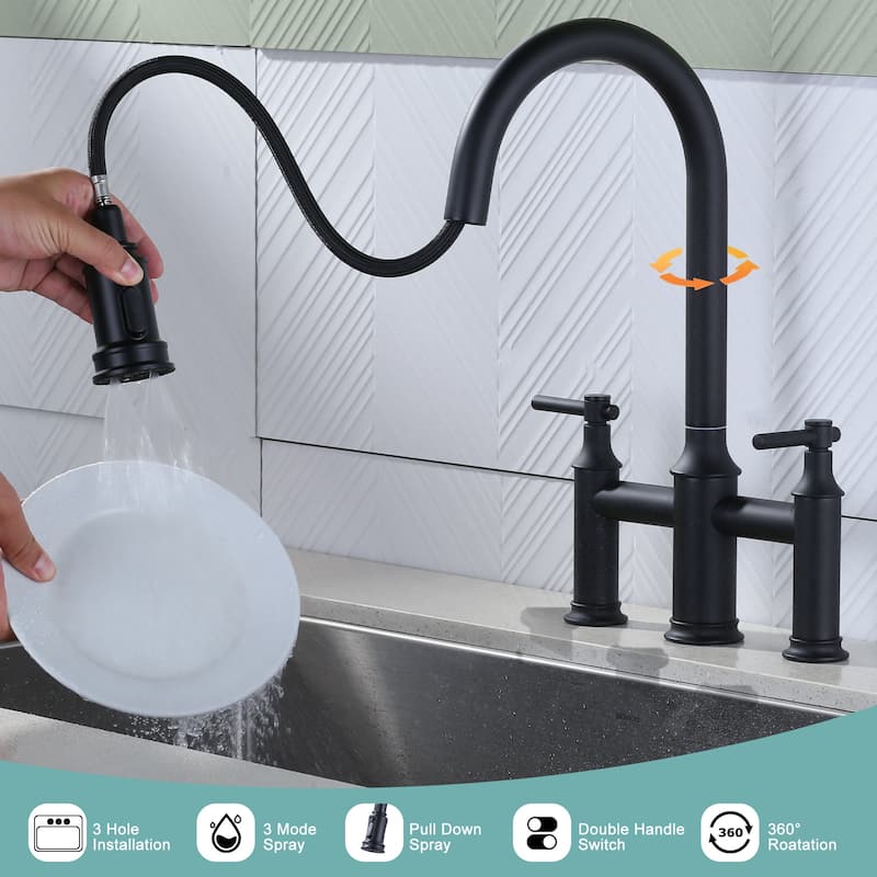 WOWOW Double Handle Pull Down Sprayer Bridge Kitchen Faucet