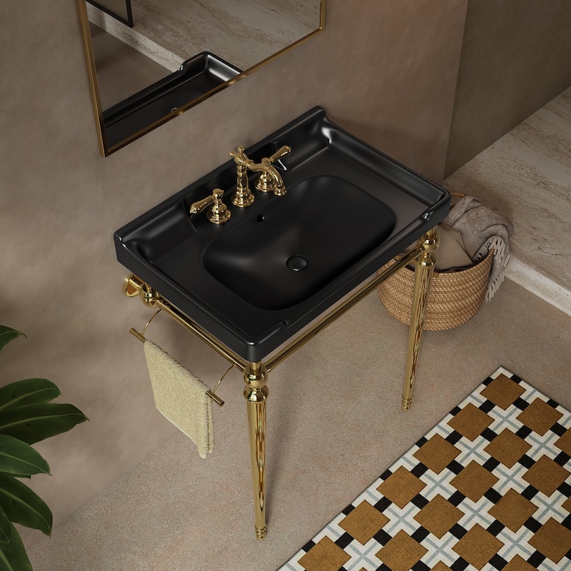 Console Sink, Wall-Mounted Ceramic Vanity Basin，Freestanding Stainless Steel Support Legs With Towel Bar, No Faucet