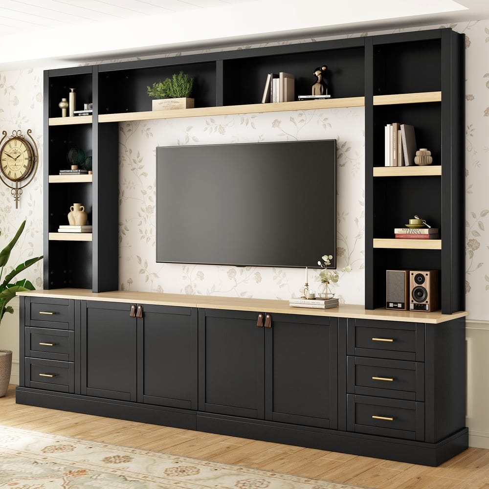 102.3" Farmhouse TV Stand with 6 Drawers & Adjustable Shelves - Entertainment Center for 75" TVs with Bookshelves