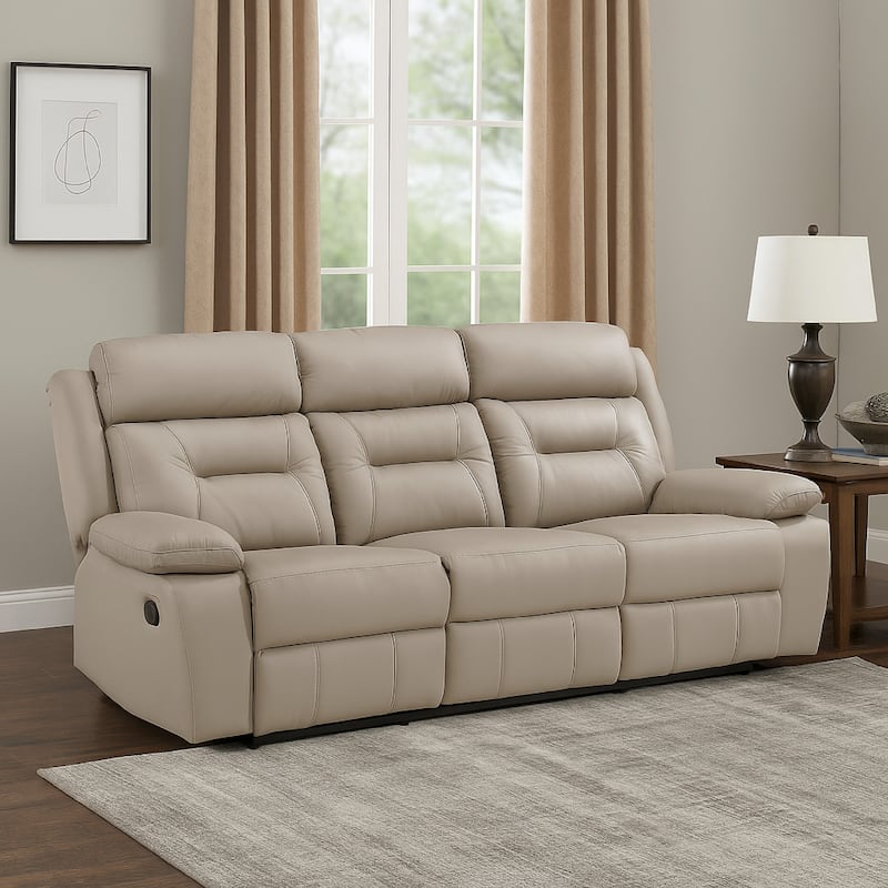 Conia Manual Double Reclining Sofa, Latte Beige Leather, 87 Inch