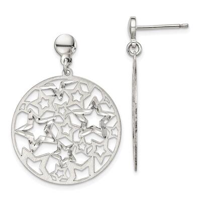 Sterling Silver Brushed Star Dangle Earrings (L-34.5 mm, W-24.95 mm)
