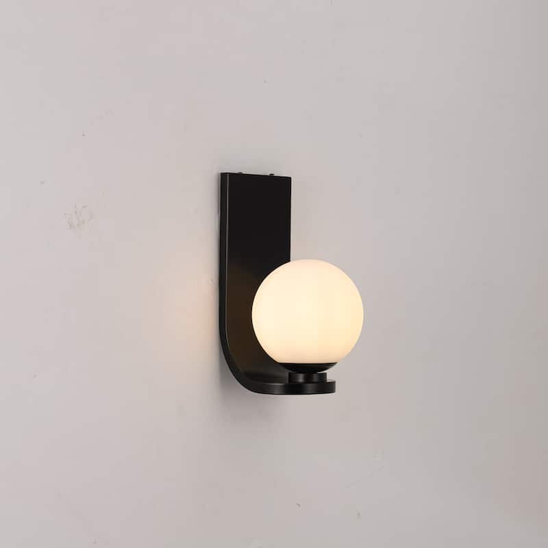 1-Light Modern Black Metal Wall Mount Lighting with White Opal Globe Glass - 5.91 in. W x 11.81 in. H x 7.48 in. D