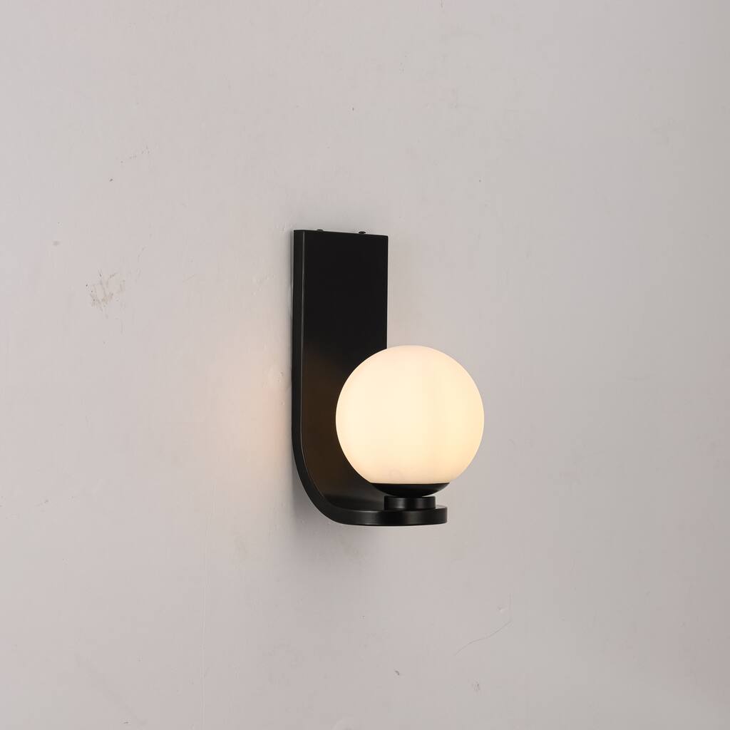 1-Light Modern Black Metal Wall Mount Lighting with White Opal Globe Glass - 5.91 in. W x 11.81 in. H x 7.48 in. D