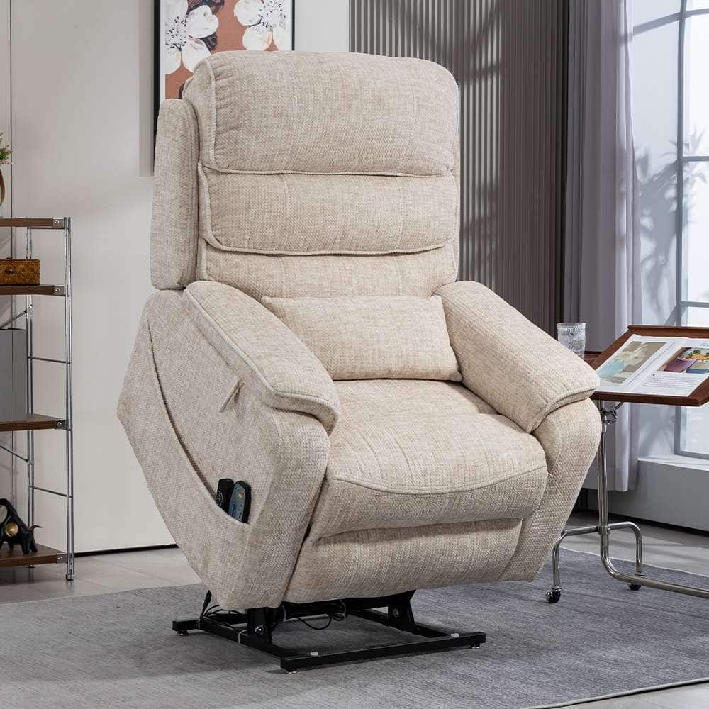Dual Motor Oversized 180° Lay Flat Chenille Power Lift Recliner Chair with Retractable Tray, Wireless Charge