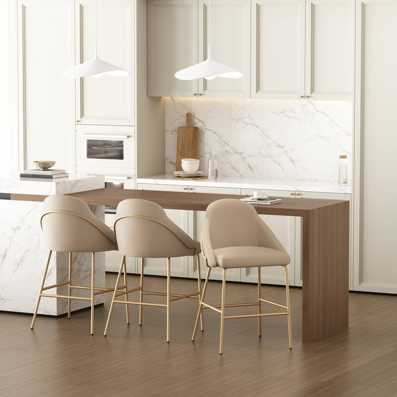 Manhattan Comfort Gracie Leatherette Counter Bar Stoool with Steel Legs - Set of 3 - Tan Gold - Counter Height