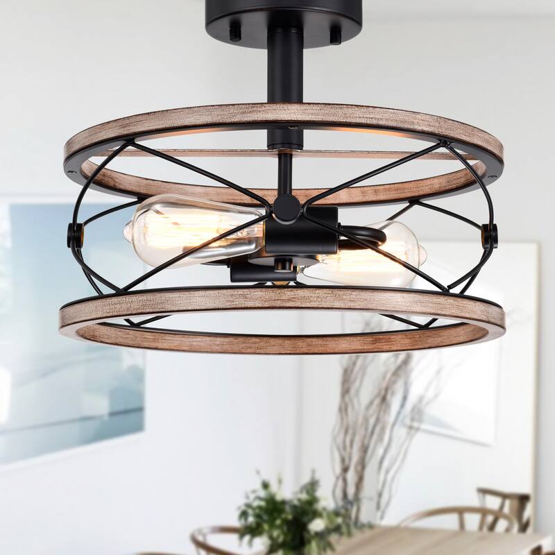Vesta Semi Flush Mount Ceiling Light Matte Black with Wood Grain Finish 2-Light - N/A
