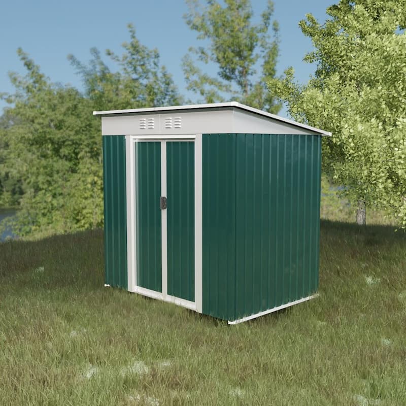 Outdoor Storage Shed Pent Roof Tool Shed with Lockable Sliding Door Apex Roof Metal Garden Shed for Backyard - Green