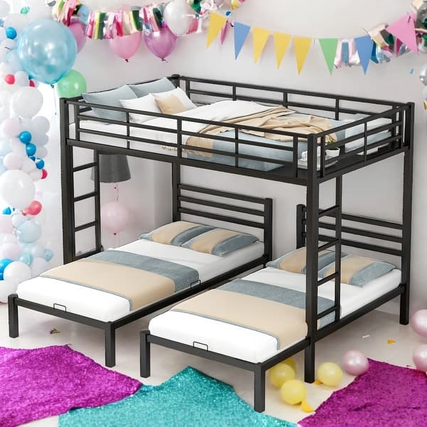 slide 2 of 9, Full Over Twin&Twin Size 3 In 1 Bunk Bed With Built-in Shelf for Home Black