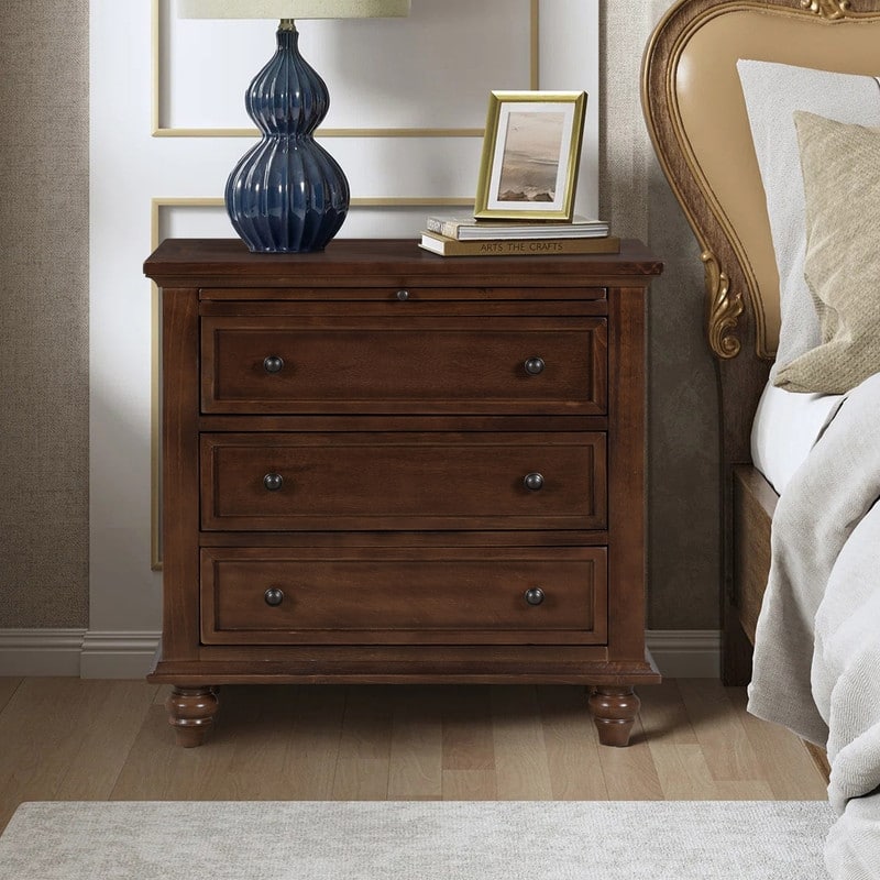 Farmhouse 3-Drawers Wood Nightstands with Pull Out Tray and Solid Wood Legs - Brown