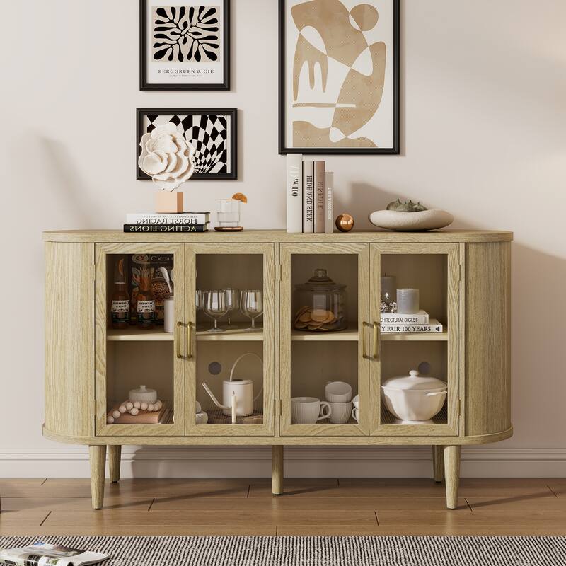 Buffet Cabinet with Glass Doors, Multifunctional Solid Wood Sideboard, Storage Cabinet with Adjustable Shelves & Oval Tabletop - Natural