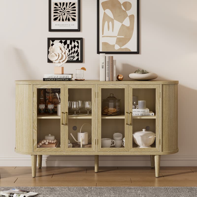 Farmhouse Sideboard Cabinet with Storage, Wood Buffet Cabinet with Glass Doors for Kitchen, Dining Room and Living Room - Walnut