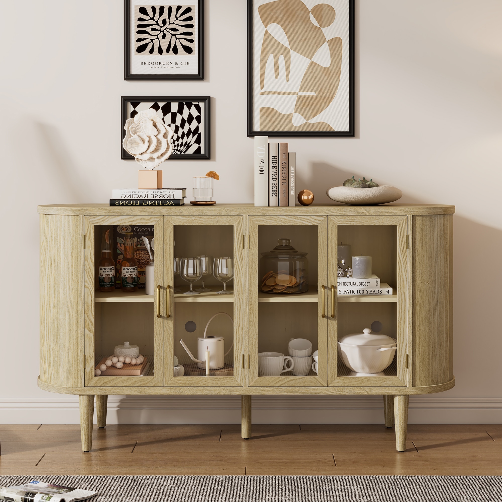 Farmhouse Wooden Buffet Sideboard Cabinet with Glass Doors & Adjustable Shelves
