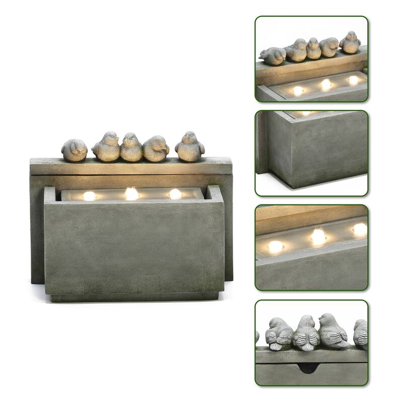 Gray Resin Rectangular Birds Outdoor Fountain with Lights