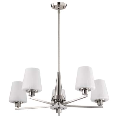 Lune 5 Light Chandelier Brushed Nickel Finish Etched White Glass - Brushed Nickel