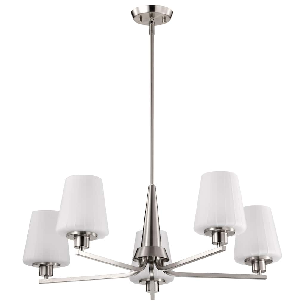 Lune 5 Light Chandelier Brushed Nickel Finish Etched White Glass - Brushed Nickel