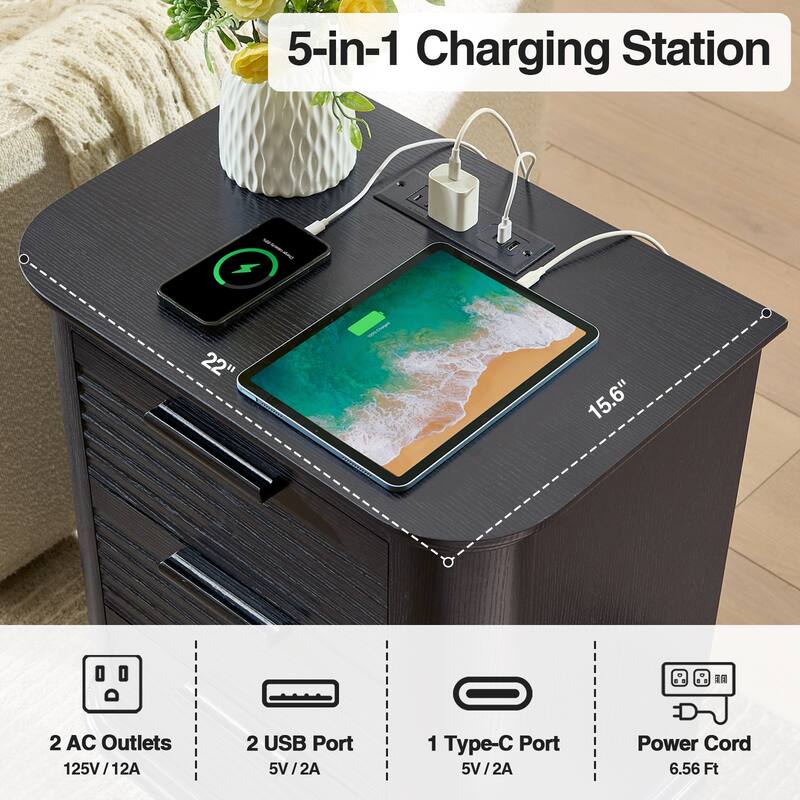 22" Wide Fluted Nightstand with Charging Station, Modern End Table, Wood 3 Drawer Dresser, Large Bedside Tables