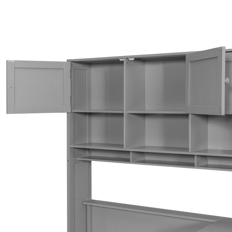 Twin Size Wood Platform Bed with Built-in Desk, Wardrobe, Cabinets & Drawers