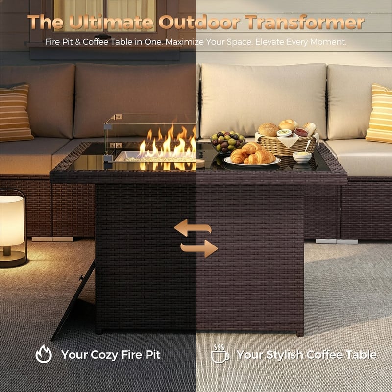 43" Wicker Outdoor Propane Fire Pit Table, 60,000 BTU, Wind Guard