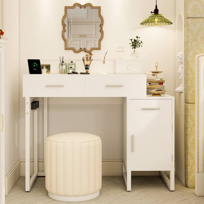 Reversible Makeup Vanity Desk With Charging Station and 4 Wooden Drawers and 1 Cabinet