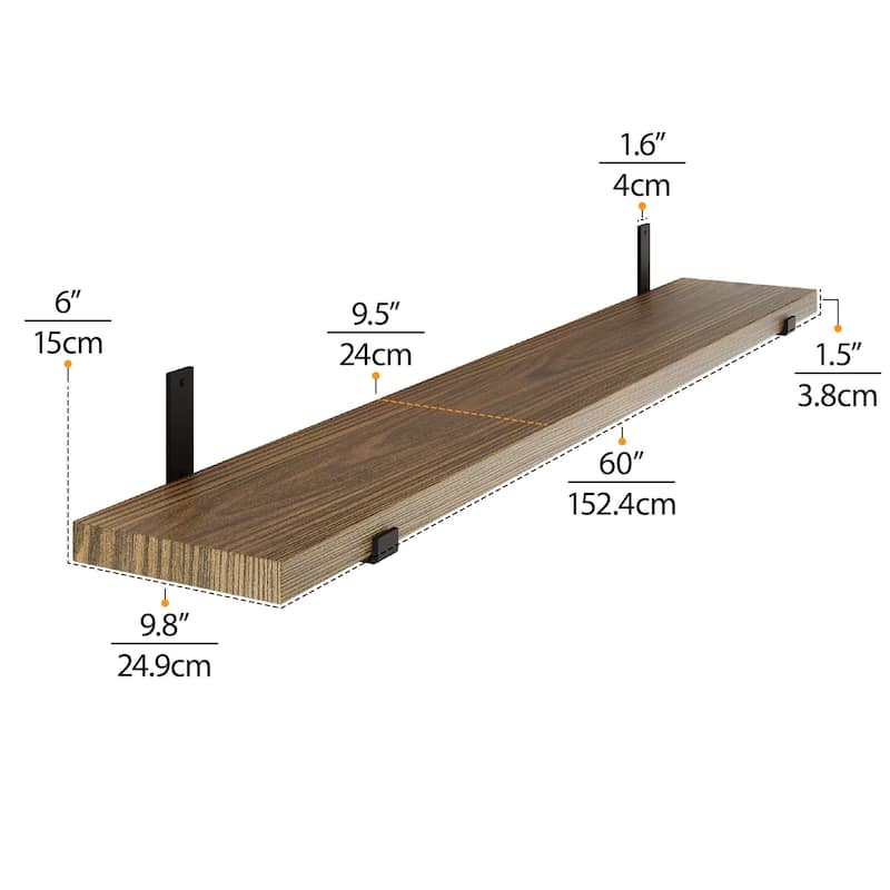 Wallniture Forte 60 Inch Long Bookshelf, Floating Shelf for Wall Decor, 9.25" & 11.25" Depth Options, Farmhouse, Burnt, 2 Pcs