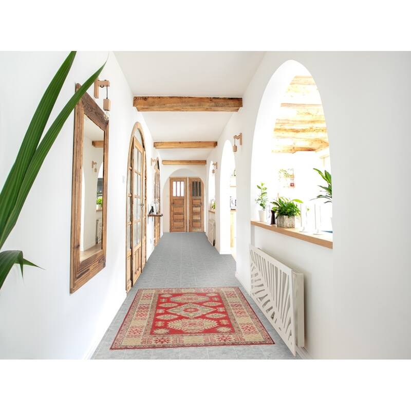 Geometric Red Kazak Oriental Accent Rug Handmade Wool Carpet - 3'3" x 5'0"