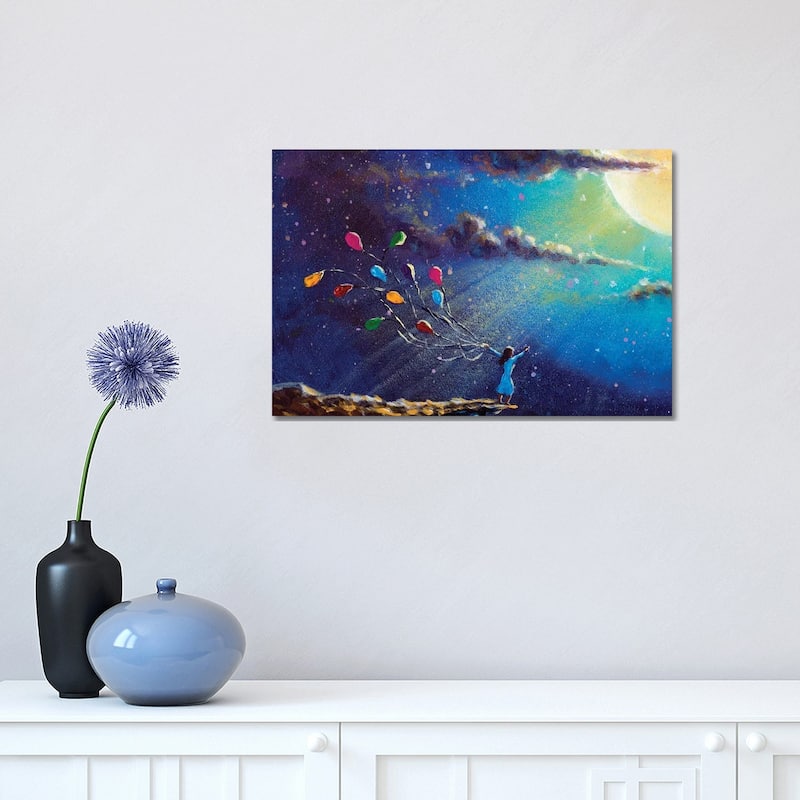 iCanvas "Romantic Girl With Colorful Balloons In Night On Blue Sea" by Valery Rybakow Canvas Print - 12x18x1.5