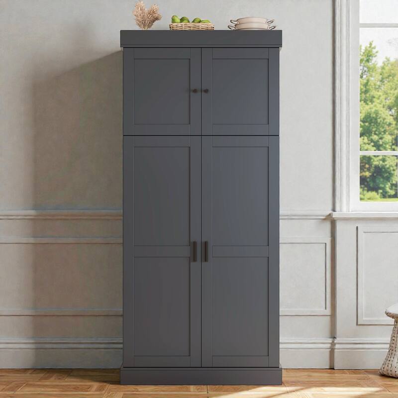 77 Inch Tall Kitchen Pantry Cabinet, Shaker Style Storage with Adjustable Shelves, Drawers, Door Shelves and Wine Racks - Grey