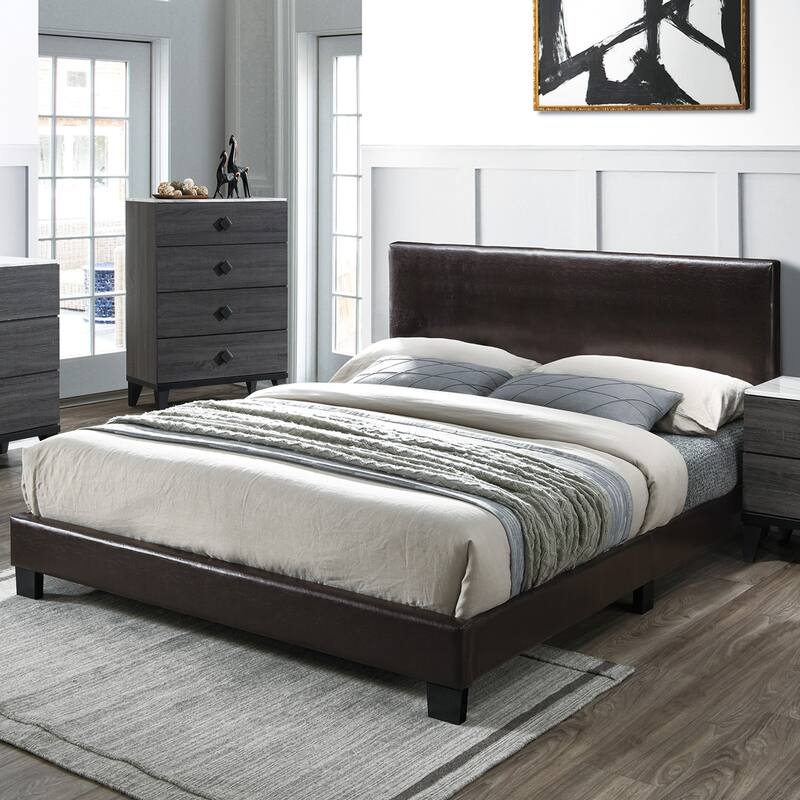 Adjustable Headboard Full Size Faux Leather Upholstered Bed Frame in Espresso Brown