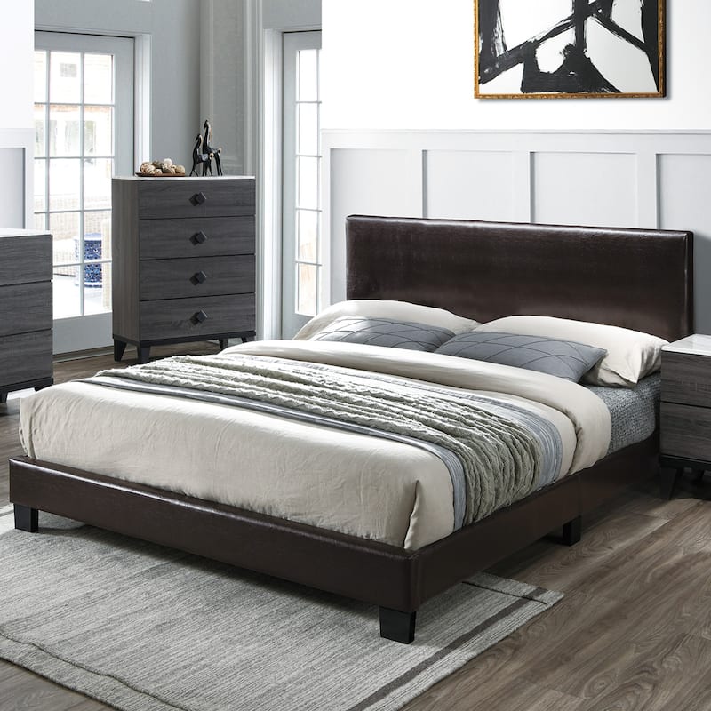Queen Size Faux Leather Upholstered Bed with Adjustable Headboard, Modern Brown Bedframe