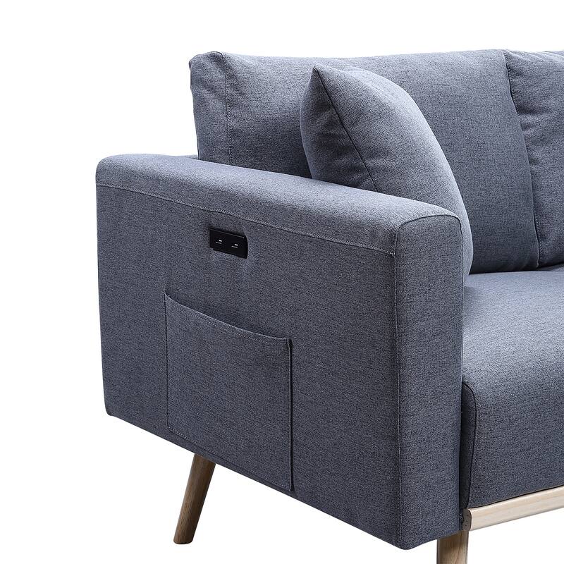 Linen Fabric Sofa with USB Charging Ports and 2 Pillows in Dark Gray