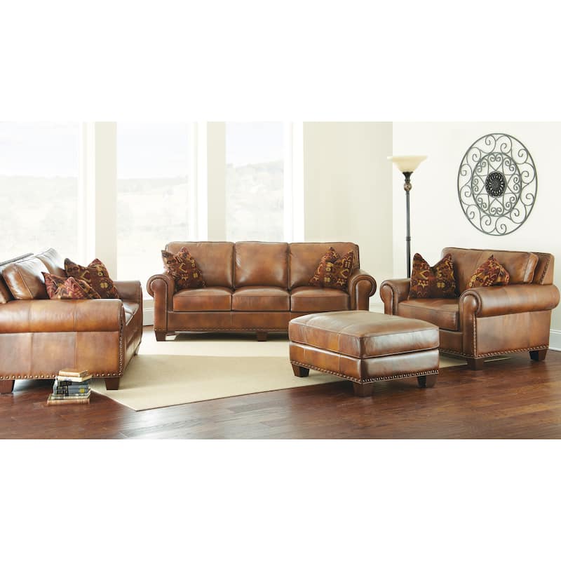 Steve Silver Sanremo Top Grain Leather Ottoman with Nail Head Trim