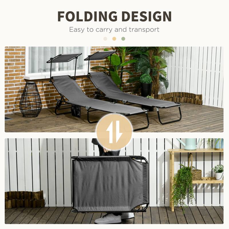 Outsunny Folding Chaise Lounge Pool Chairs, Outdoor Sun Tanning Chairs with Canopy Shade, Reclining Back