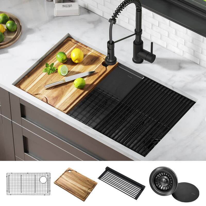 KRAUS Kore Workstation Undermount Stainless Steel Kitchen Sink - 32" L x 19" W (sink KWU110-32/PGM) - PVD Gunmetal