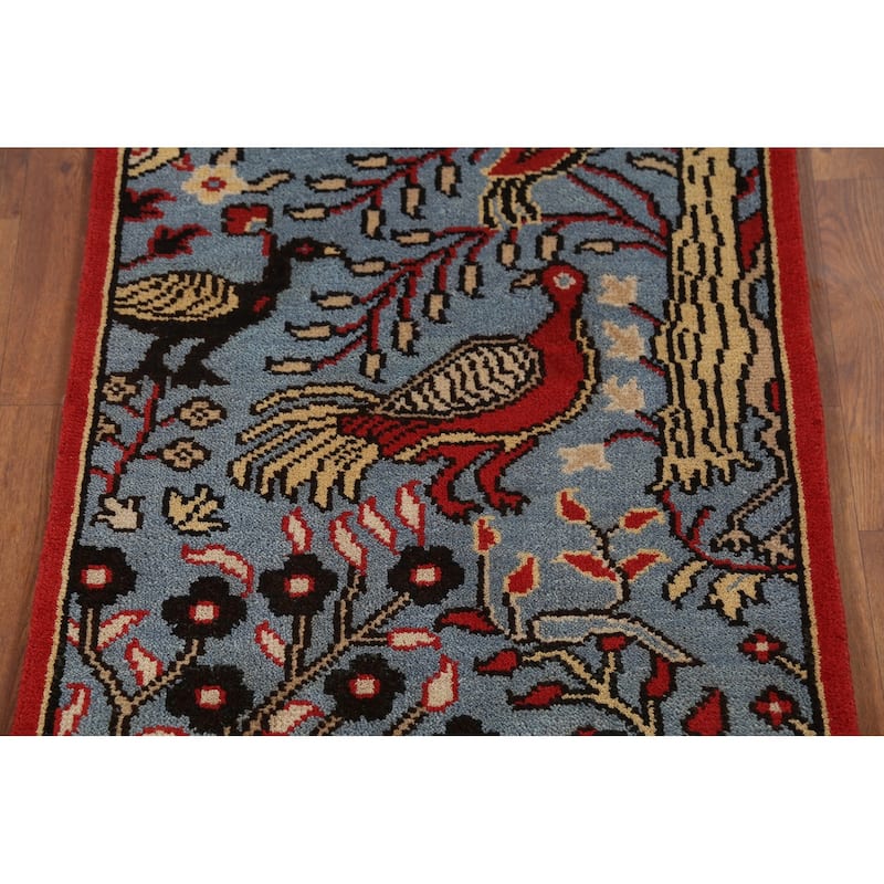 Animal Pictorial Ziegler Indian Runner Rug Handmade Blue Wool Carpet - 2'5"x 8'0"