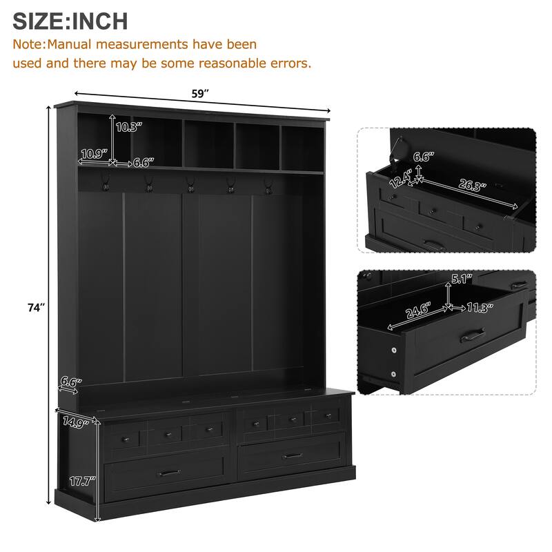 Roomfitters Elegant Wide Hall Tree with Lift-Top Bench, Wooden Mudroom Organizer with 5 Coat Hooks and 2 Storage Sections