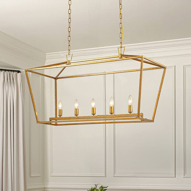 5-Light 39'' Modern Industrial Matte Gold Linear Lantern Geometric Chandelier Rectangle Cage Light For Kitchen Island - W39''